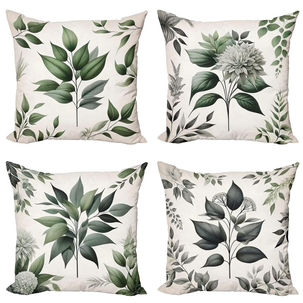 7761 Leaf Print Throw Pillow Cushion Cover Set of 4, Pastoral Design